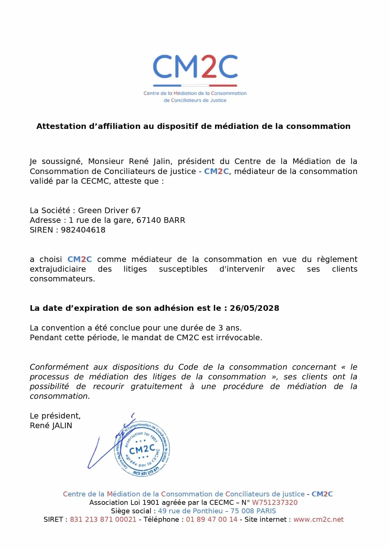 Attestation d'adhésion au service de médiation Elsass VTC