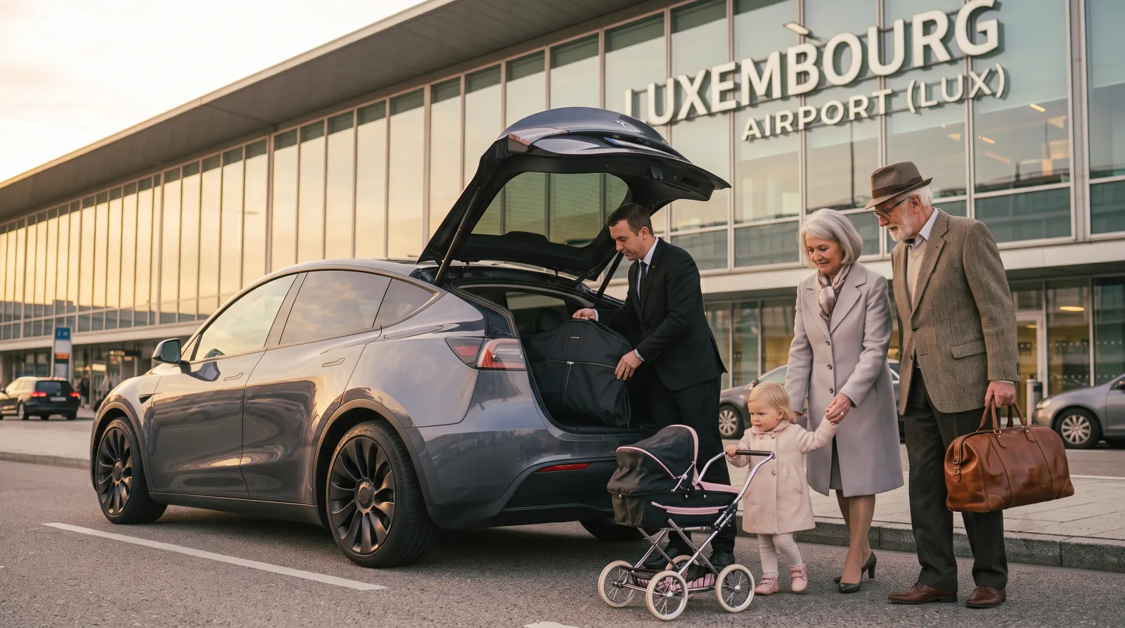 Chófer trajeado cargando el equipaje en el maletero de un vehículo gris frente a la terminal del aeropuerto de Luxemburgo, junto a una pareja mayor y una niña pequeña con un carrito