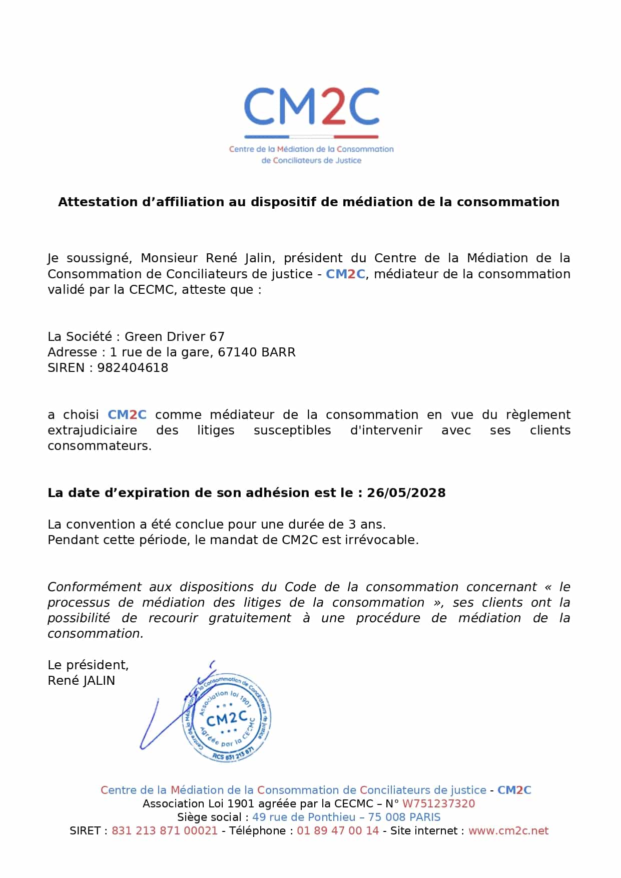 Attestation d'adhésion au service de médiation Elsass VTC GreenDriver67